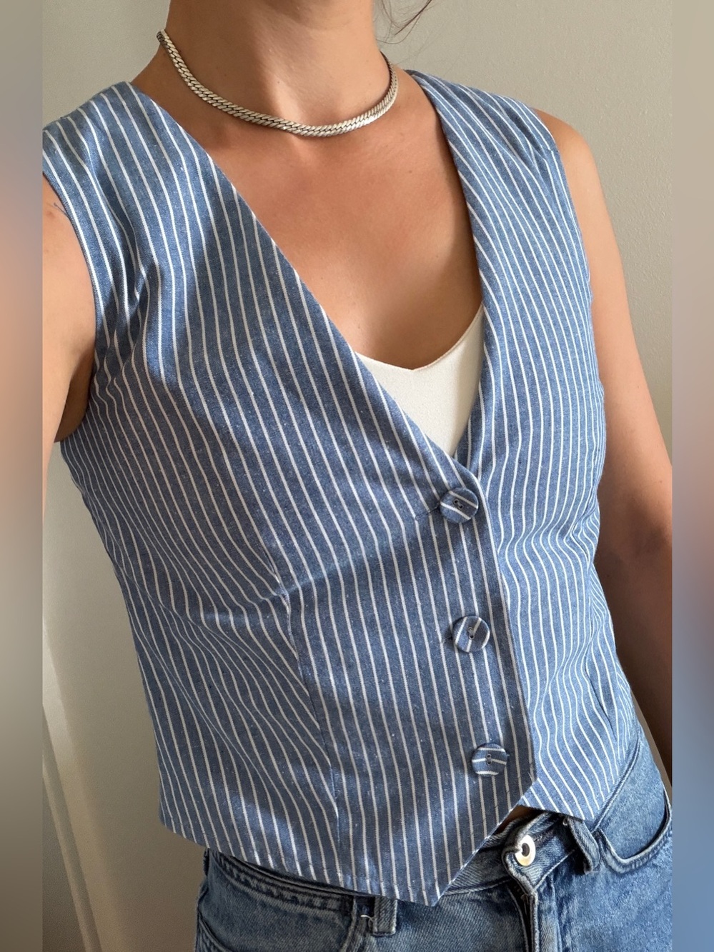 Princess Polly Blue & White Striped Sleeveless Button Vest